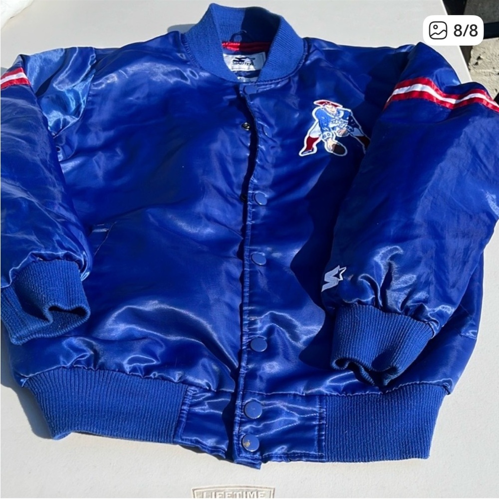 Vintage patriots Blue Satin Bomber Jacket with Red & White Striping
